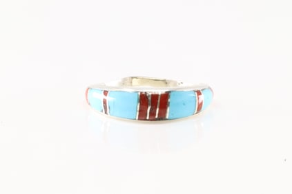 Native America Navajo Sterling Silver Multi-Color Stone Inlay Ring.