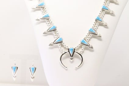 Native America Navajo Sterling Silver Turquoise Squash Necklace & Earring's Set By B.S.