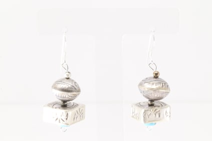 Native America Navajo Sterling Silver Pearl Beaded & Turquoise Dangling Earring's By Sophia Becenti.