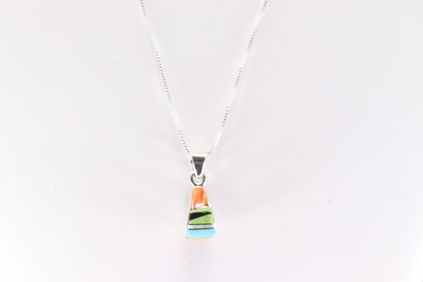 Native America Navajo Sterling Silver Multi-Color Stone Inlay Pendant with A 925 Necklace.