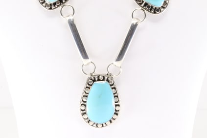Native America Navajo Sterling Silver Turquoise Necklace By Mike Smith.