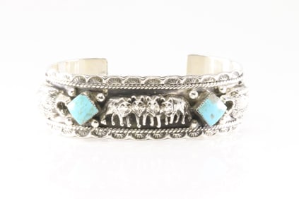Native America Navajo Sterling Silver Turquoise Bracelet Wolf Pack cuff By Gregg Yazzie.