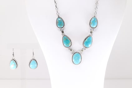 Native America Navajo Sterling Silver Kingman Turquoise Necklace & Earring's Set By M.Spnecer.