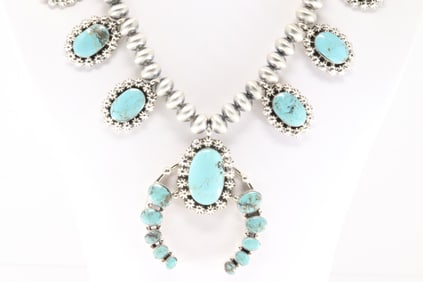 Native America Navajo Sterling Silver Turquoise Necklace By R.B.