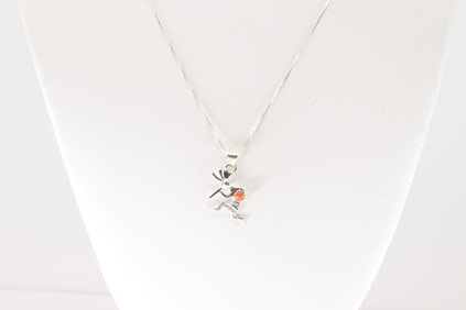 Native American Navajo Sterling Silver Coral Kokopelli Pendant with A 925 Necklace.