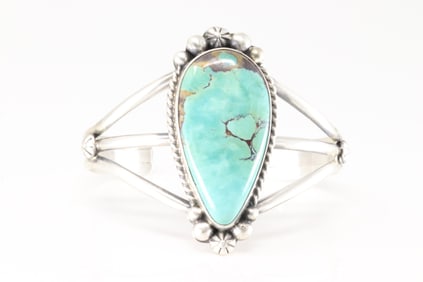 Native American Navajo Sterling Silver Kingman Turquoise Bracelet Cuff By Augustine Largo.