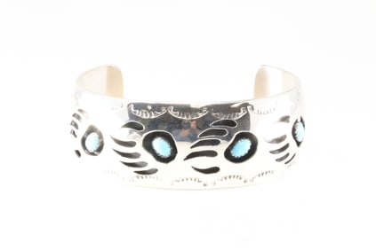 Native American Navajo Sterling Silver Bear Paw Turquoise Bracelet Cuff By Pearlene Spencer.