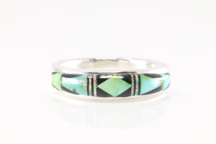 Native America Navajo Sterling Silver Multi-Color Inlay Ring By A.T.