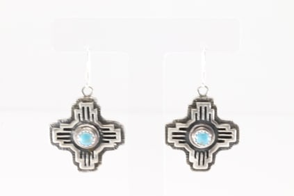 Native America Navajo Sterling Silver Turquoise Cross Dangling Earring's By Kenny Lonjose.