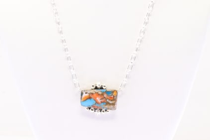Native America Navajo Sterling Silver Turquoise Compressed Necklace By Sheena Jack.