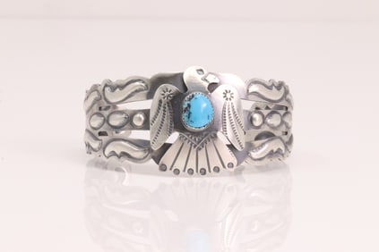 Native America Navajo Sterling Silver Turquoise Thunderbird Bracelet Cuff By Tim Yazzie.