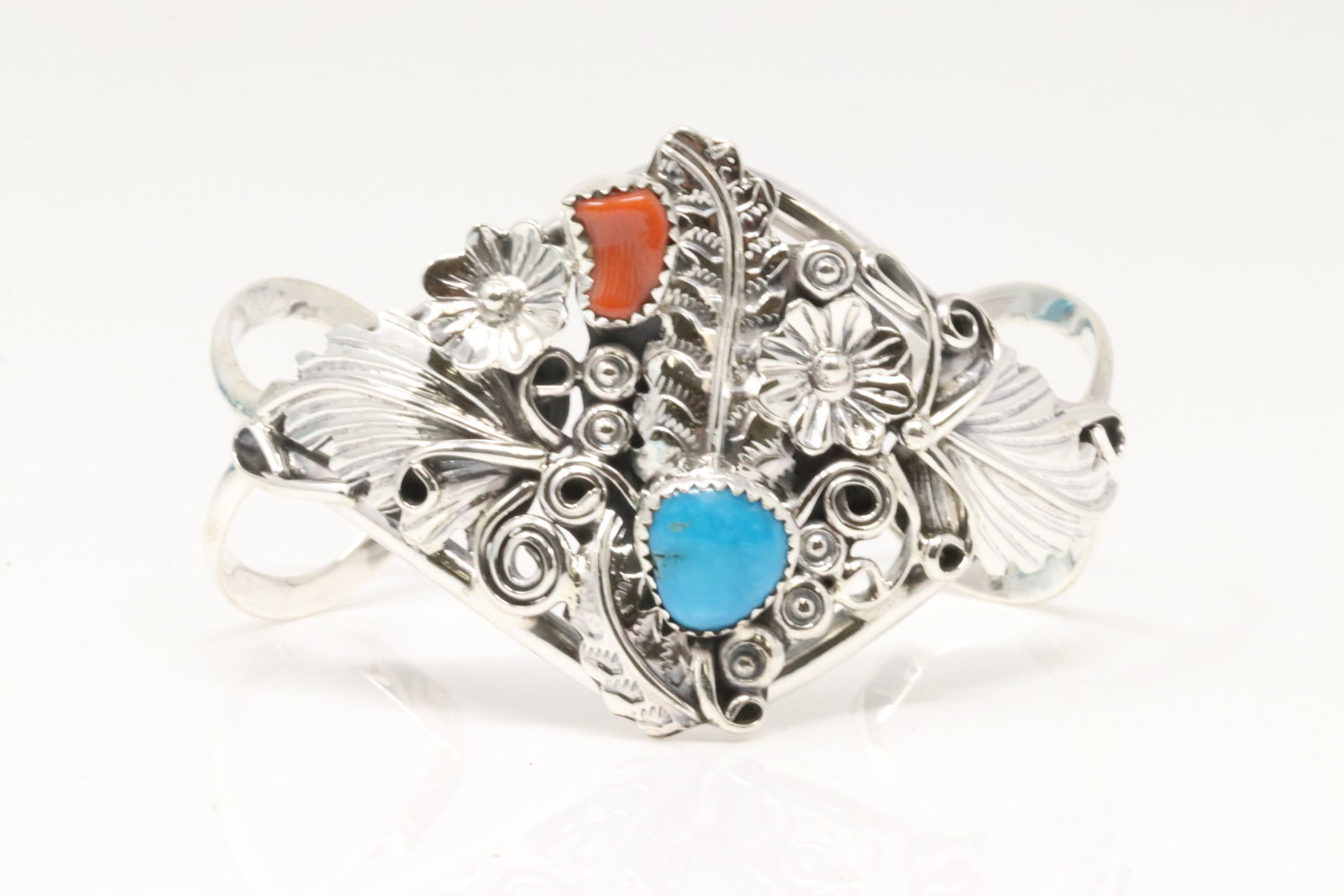 Native America Navajo Sterling Silver Coral & Turquoise Bracelet Cuff By Harry B.Yazzie.: This is a Native America Navajo Sterling Silver Coral & Turquoise Bracelet Cuff By Harry B.Yazzie.