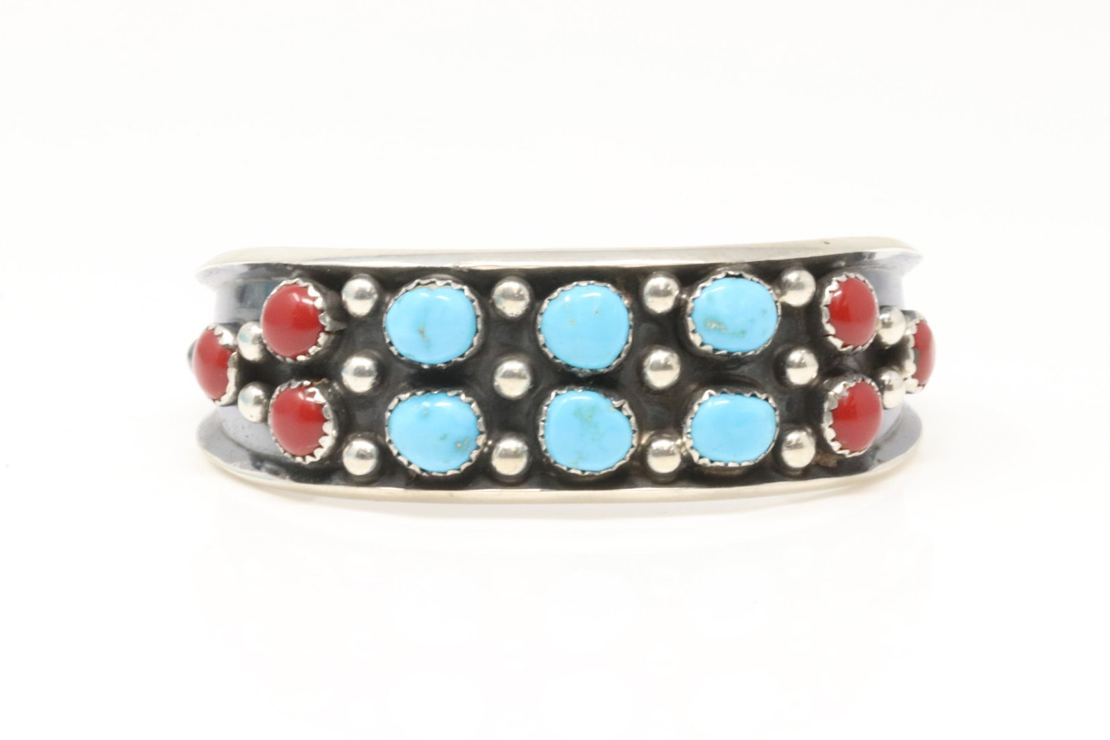Native America Navajo Sterling Silver Coral & Turquoise Bracelet Cuff By Paul Largo.: This is a Native America Navajo Sterling Silver Coral & Turquoise Bracelet Cuff By Paul Largo.