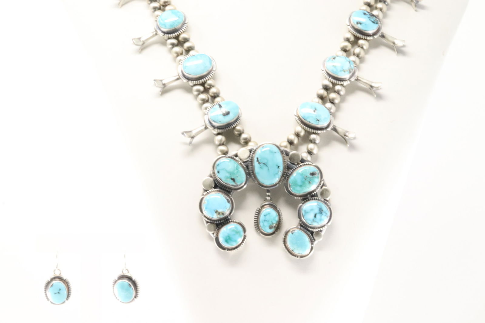 Native America Navajo Sterling Silver Turquoise Squash Blossom Necklace & Earring's Set By Thomas (1 of 7)