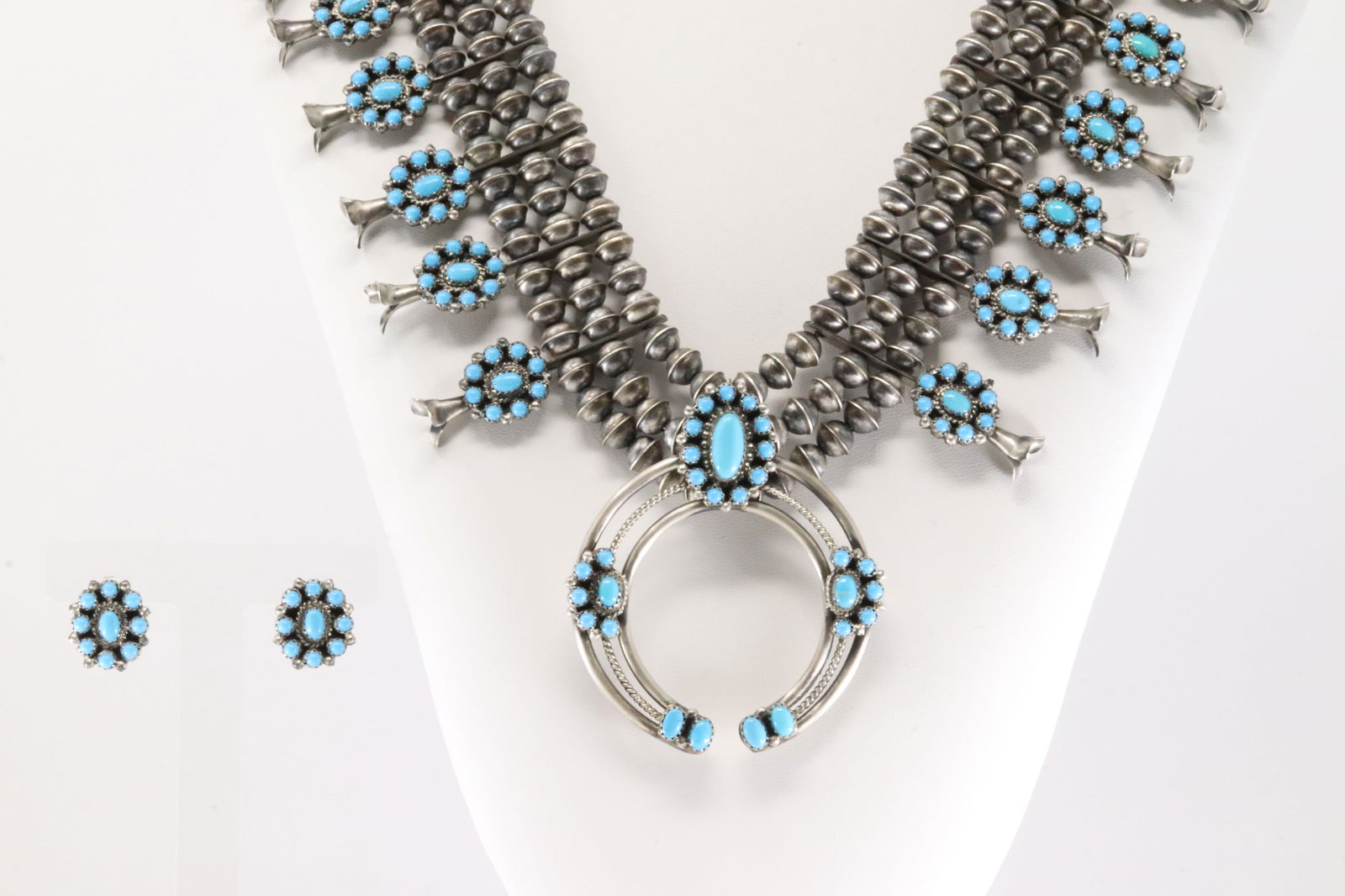 Native America Navajo Sterling Silver Turquoise Squas Blossom Necklace & Earring's Set By Marie (1 of 8)