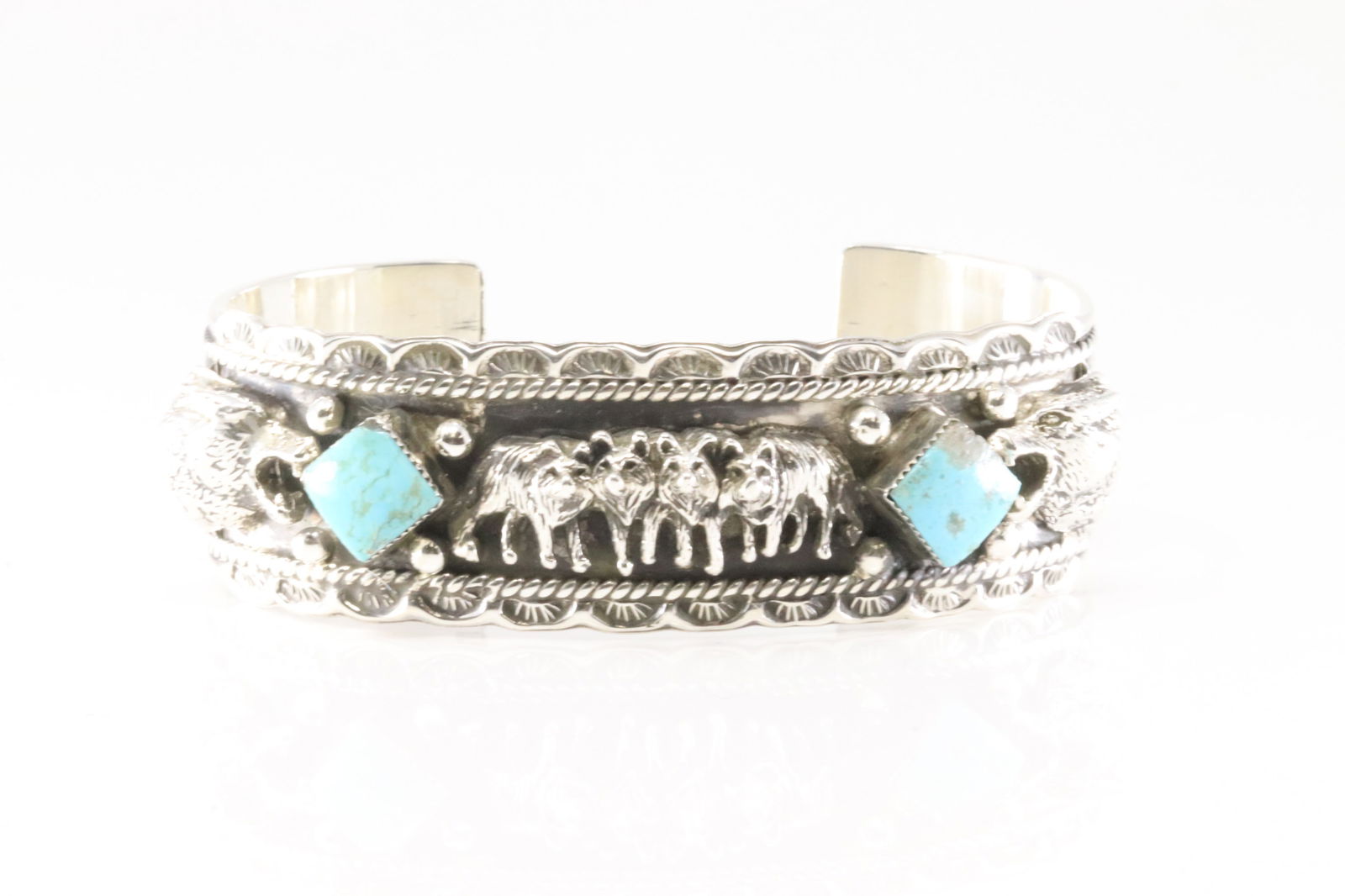 Native America Navajo Sterling Silver Turquoise Bracelet Wolf Pack cuff By Gregg Yazzie. (1 of 4)