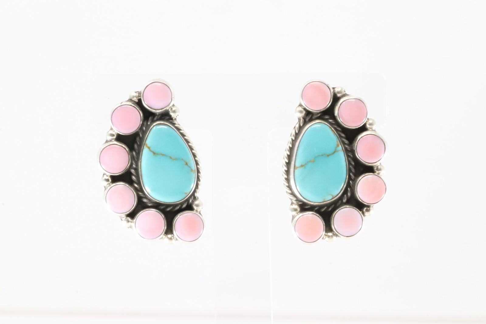 Native America Navajo Sterling Silver Pink Conch & Kingman Turquoise Post Earring's By Geraldine (1 of 4)