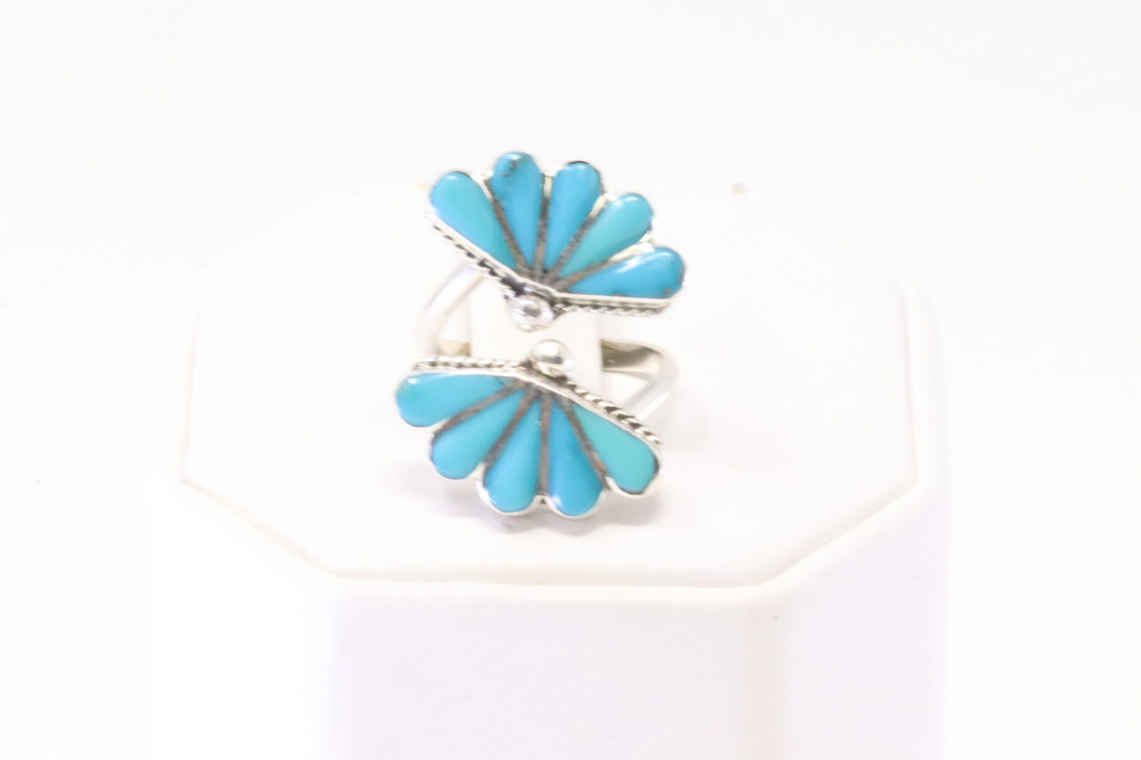 Native American Zuni Sterling Silver Turquoise Inlay Ring By R.V.N. (1 of 4)