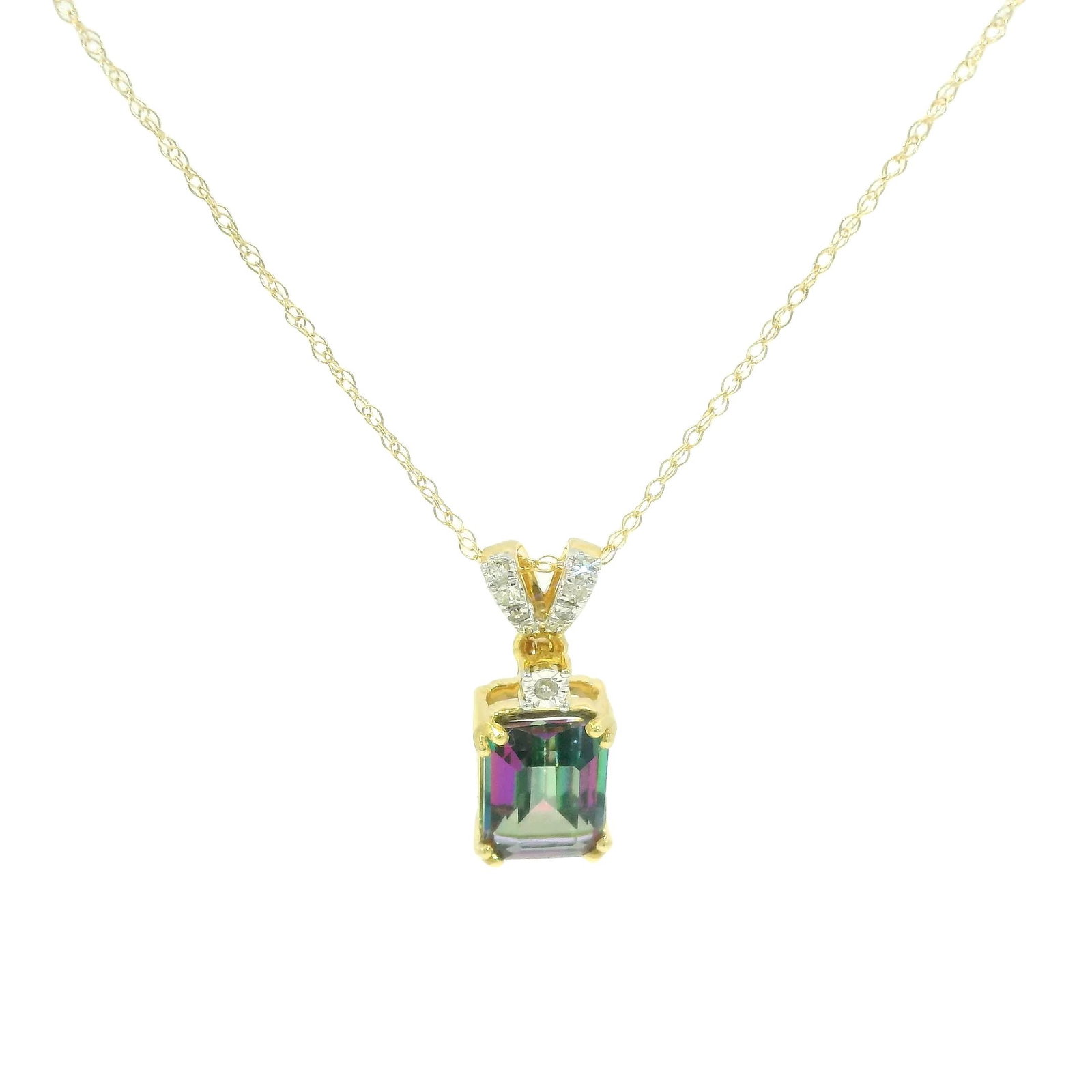 10KT Mystic Topaz Gold Pendant: This exquisite gold pendant features a stunning, mystic topaz gemstone that catches the light beautifully. The delicate chain adds a touch of sophistication, making it perfect for both everyday wear a