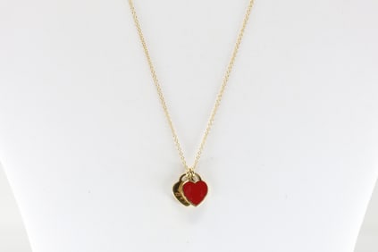 Tiffany & Co Red Enamel Double Mini Hearts Necklace 18Kt.