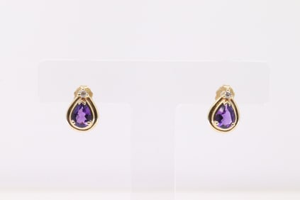 Amethyst & Diamond Stud Earring 14Kt.