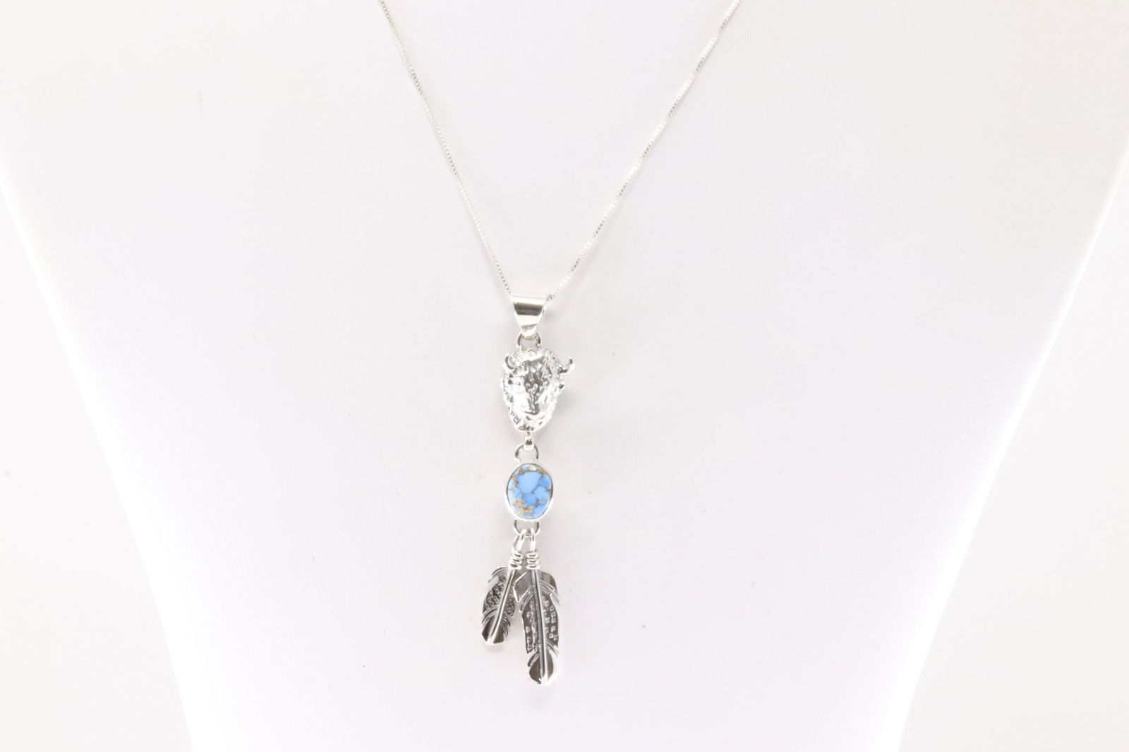 Native America Navajo Sterling Silver Golden Hill Turquoise Buffalo Head / Feather Pendant & A 925 (1 of 3)