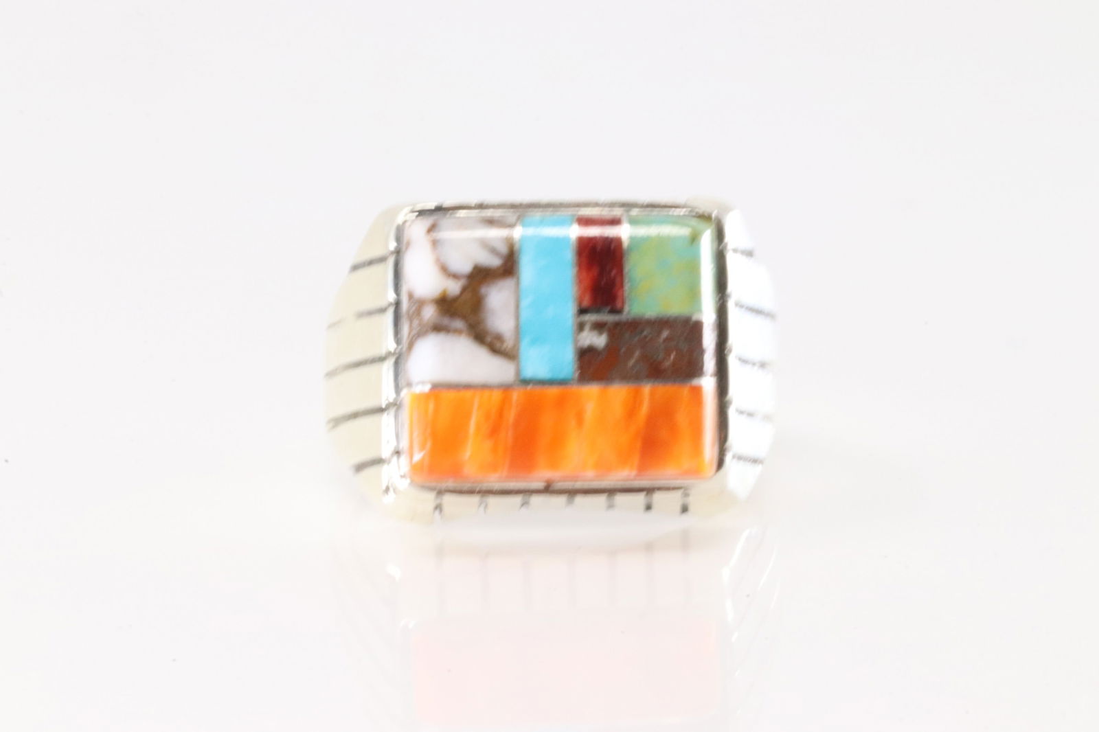 Native America Navajo Sterling Silver Multi-Color Stone Inlay Ring By R.: This is a Native America Navajo Sterling Silver Multi-Color Stone Inlay Ring By R. 8.50.