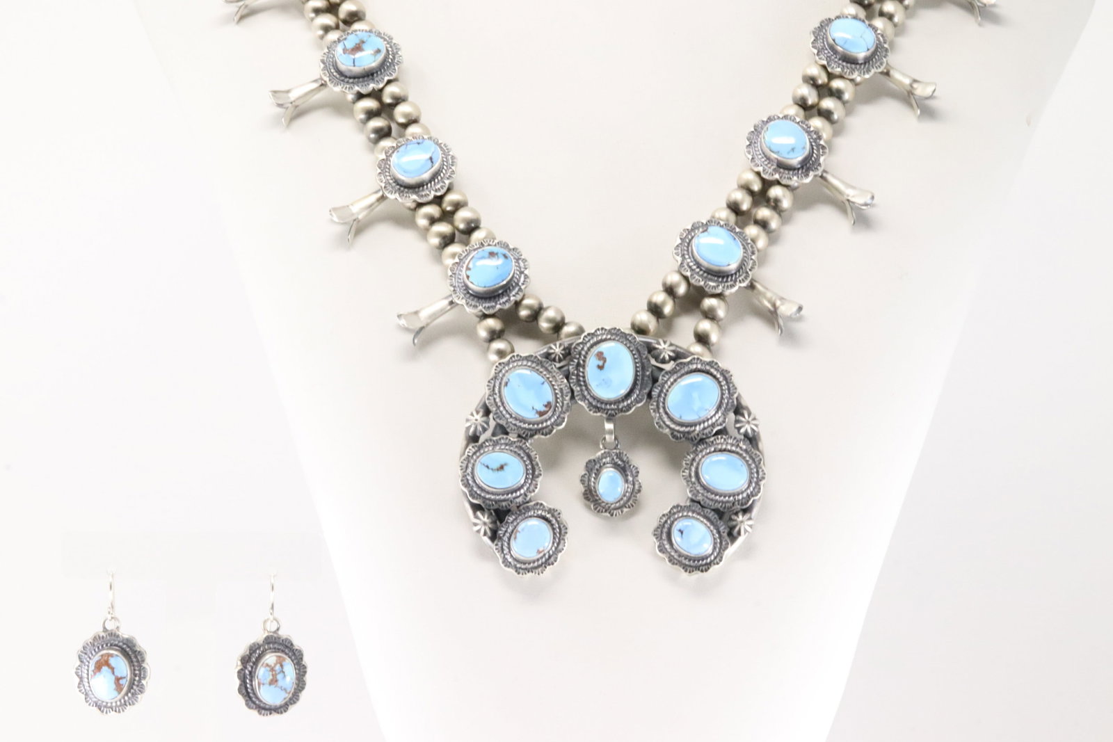 Native America Navajo Sterling Silver Golden Hill Turquoise Squash Blossom Necklace & Earring's Set: This is a Native America Navajo Sterling Silver Golden Hill Turquoise Squash Blossom Necklace & Earring's Set By Thomas Francisco. Necklace length: 26.00" Total weight: 181.80 Grams.
