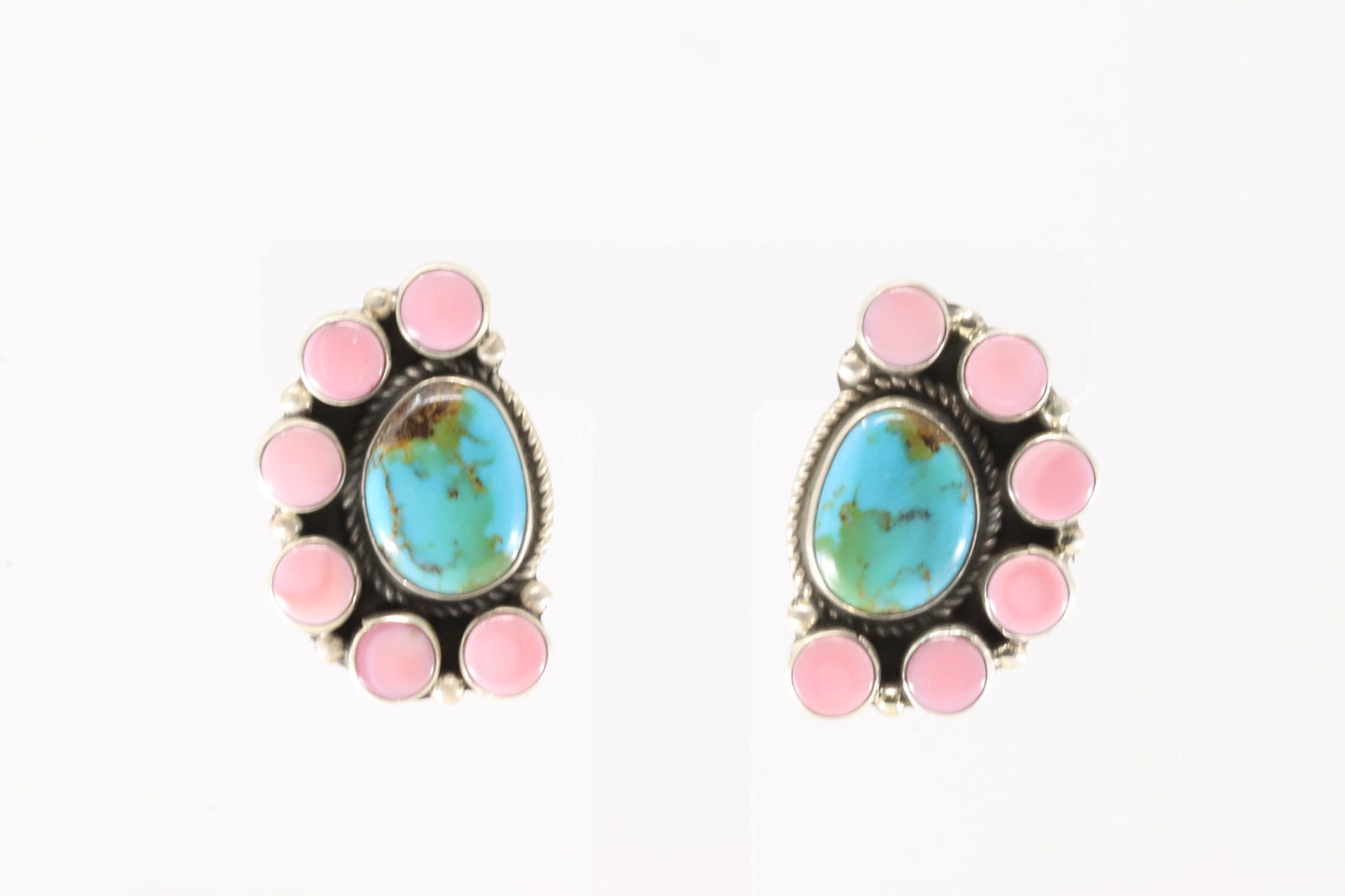 Native America Navajo Sterling Silver Pink Conch / Kingman Turquoise Post Earring's By Geraldine (1 of 4)