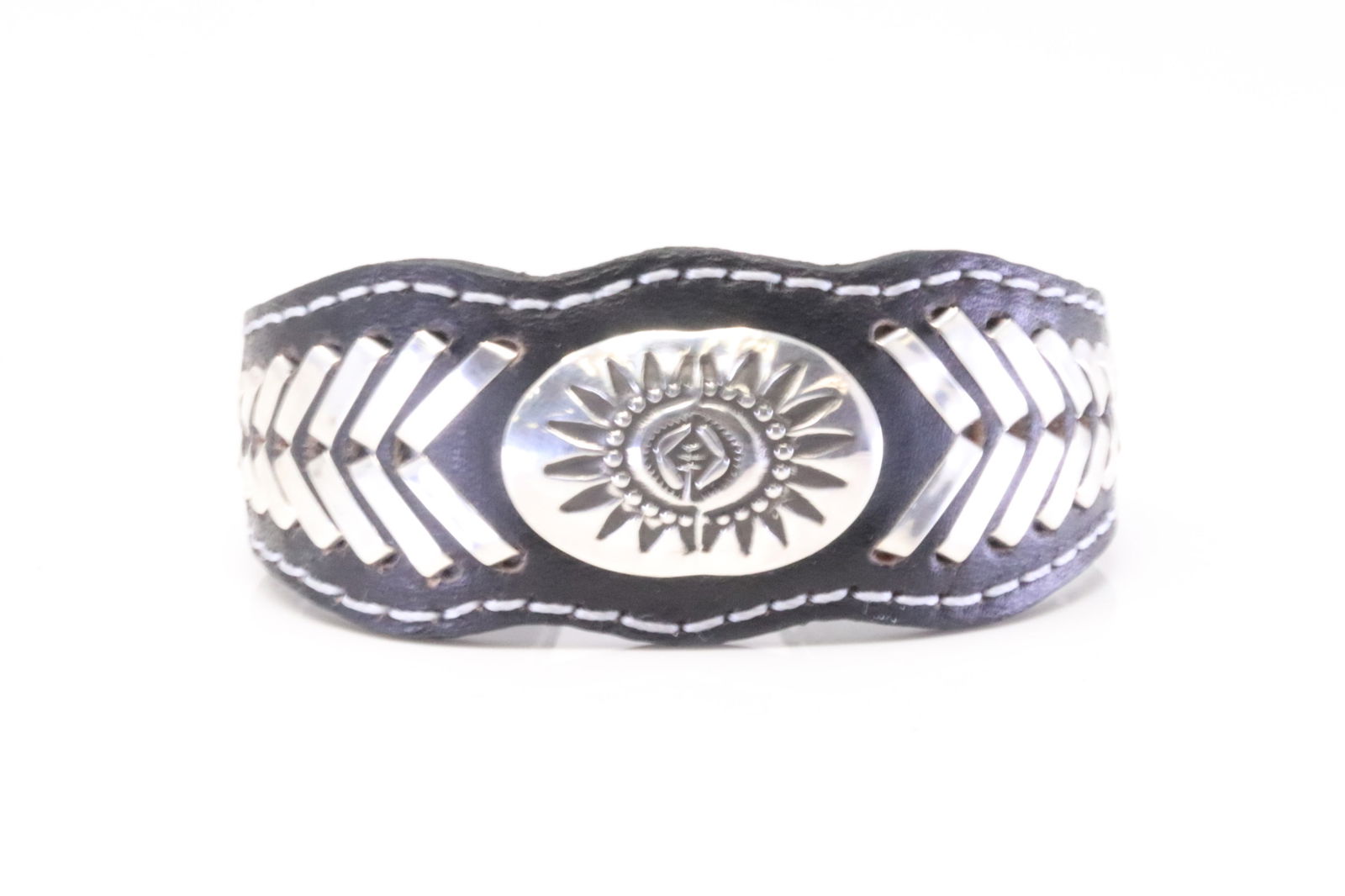 Native America Navajo Sterling Silver Leather Bracelet Cuff By Frank Armstron. (1 of 4)
