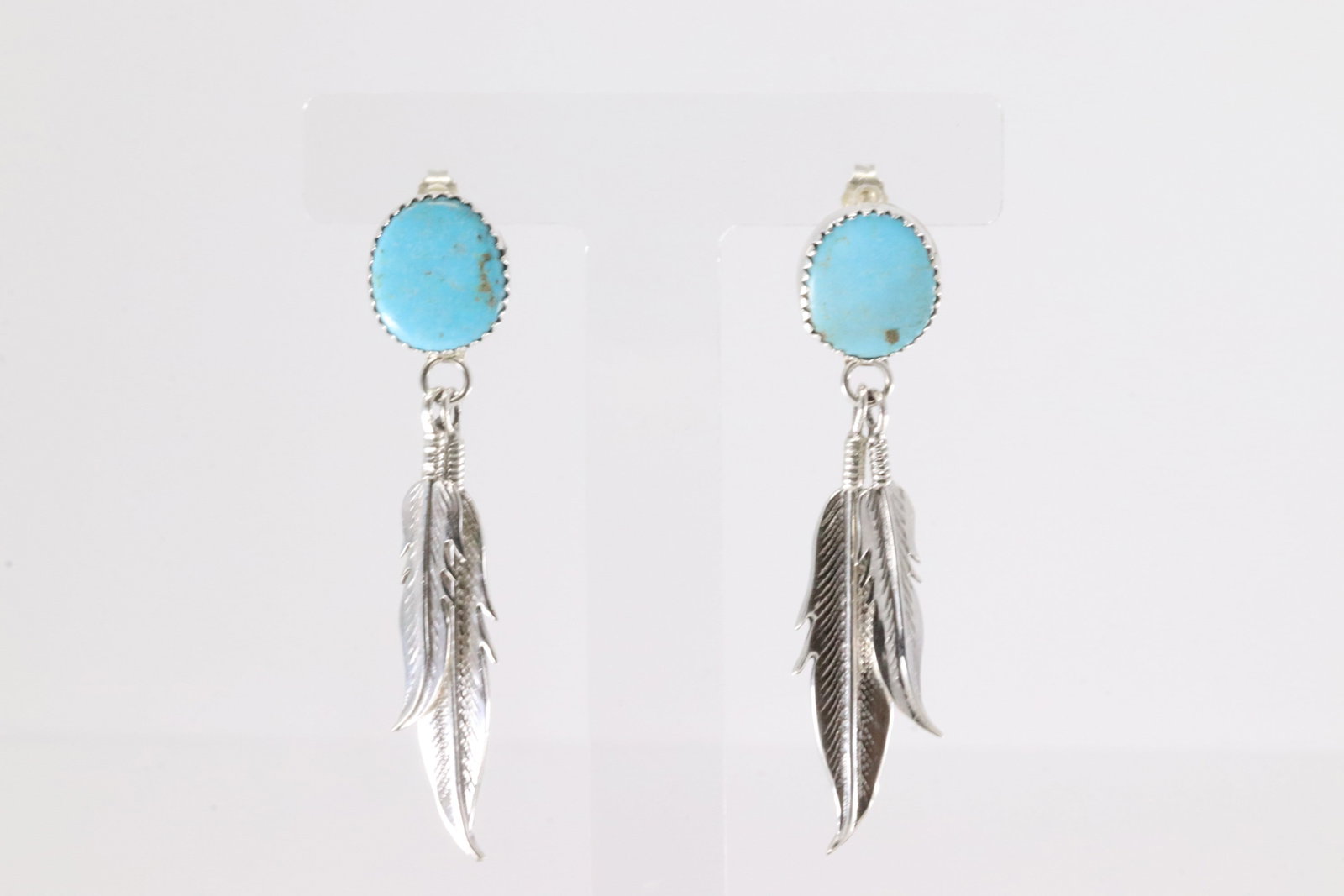 Native America Navajo Sterling Silver Turquoise Post / Dangling Feather Earring's By Letricia Largo.: This is a Native America Navajo Sterling Silver Turquoise Post / Dangling Feather Earring's By Letricia Largo.