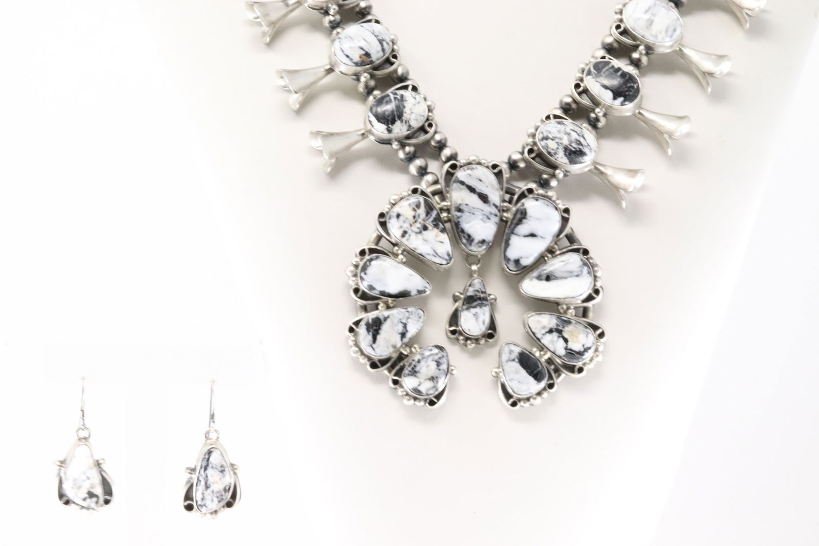 Native America Navajo Sterling Silver White Buffalo Squash Blossom Necklace & Earring's Set By (1 of 8)