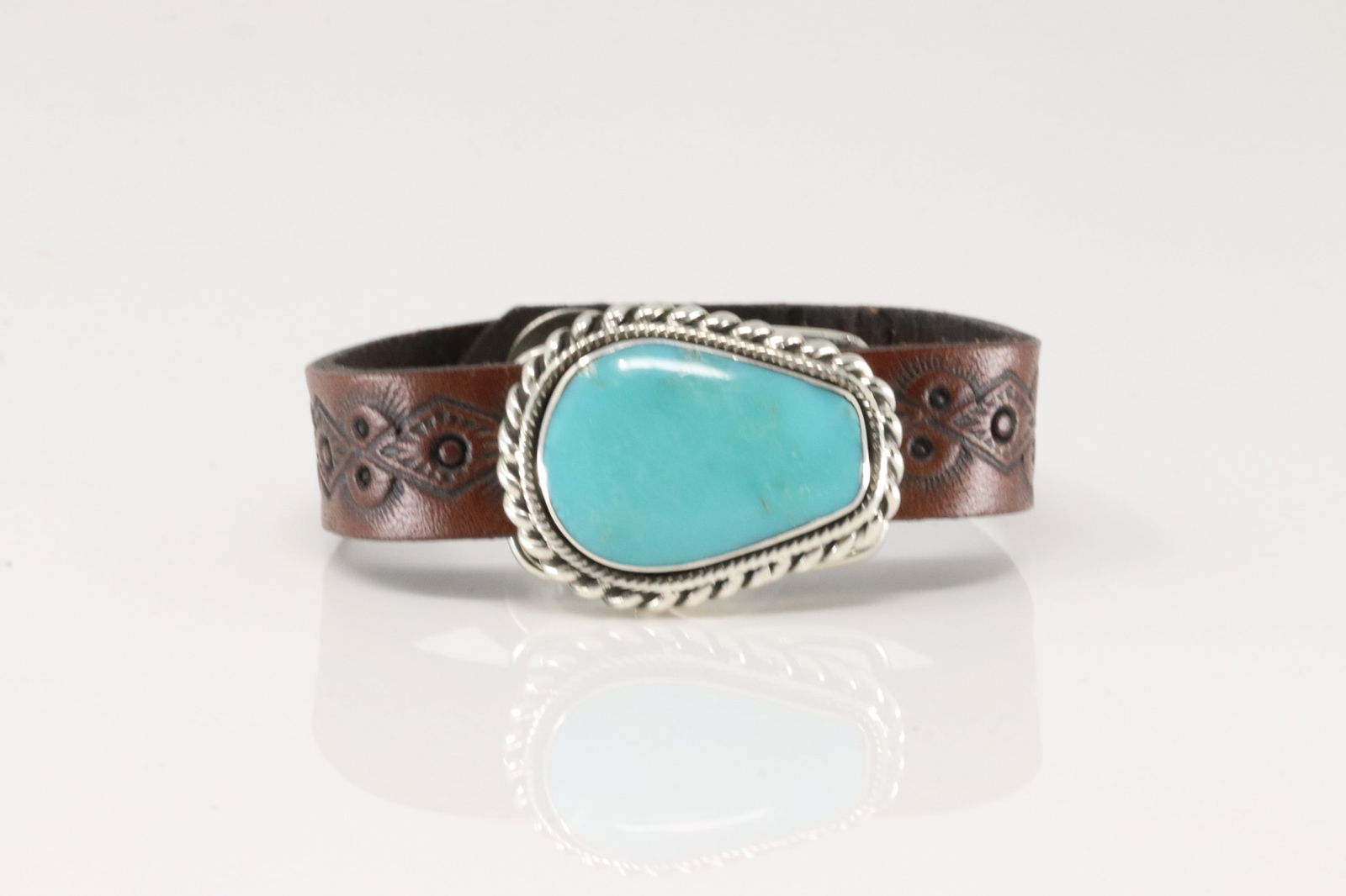 Native America Navajo Sterling Silver Turquoise Leather Bracelet Cuff By Mike Smith.: This is a Native America Navajo Sterling Silver Turquoise Leather Bracelet Cuff By Mike Smith.