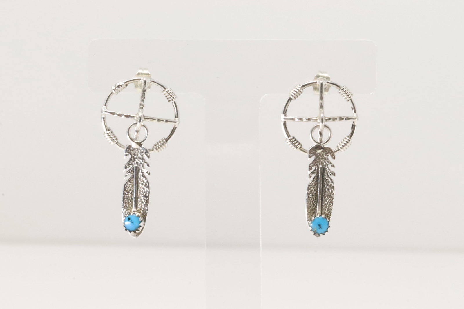 Native America Navajo Sterling Silver Turquoise Post / Dangling Feather Earring's By Sharon: This is a Native America Navajo Sterling Silver Turquoise Post / Dangling Feather Earring's By Sharon McCarthy.