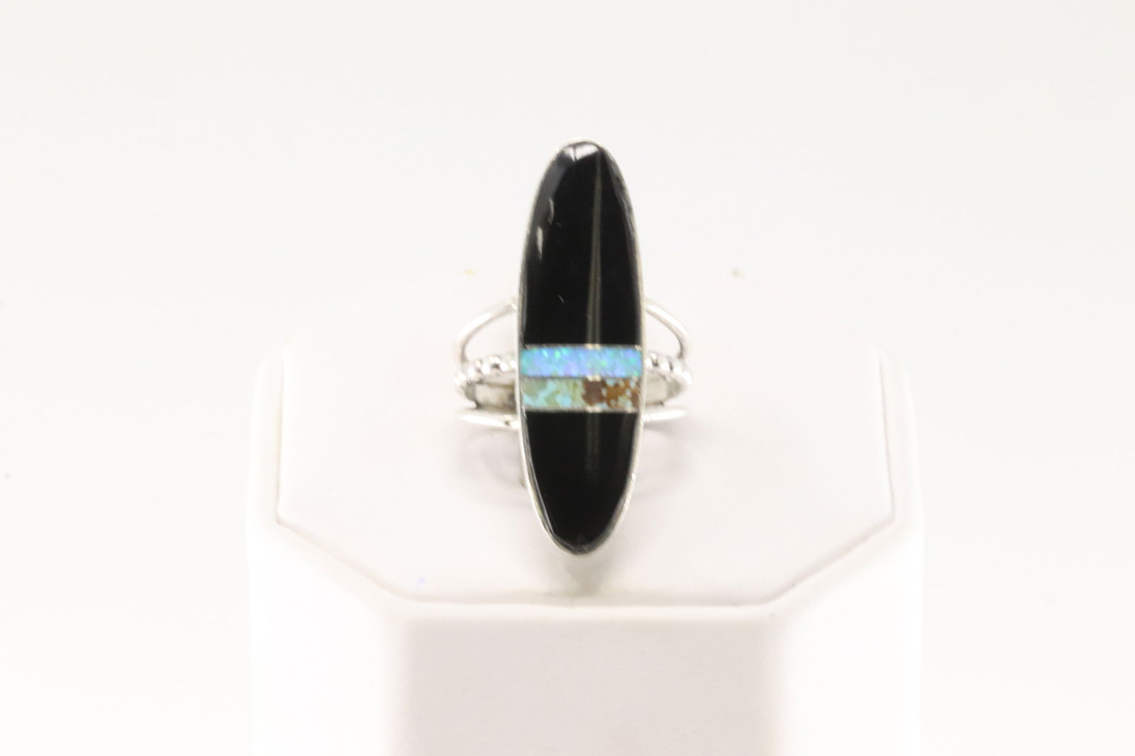 Native America Navajo Sterling Silver Black Onyx & Opal Inlay Ring By H.Smith. (1 of 4)