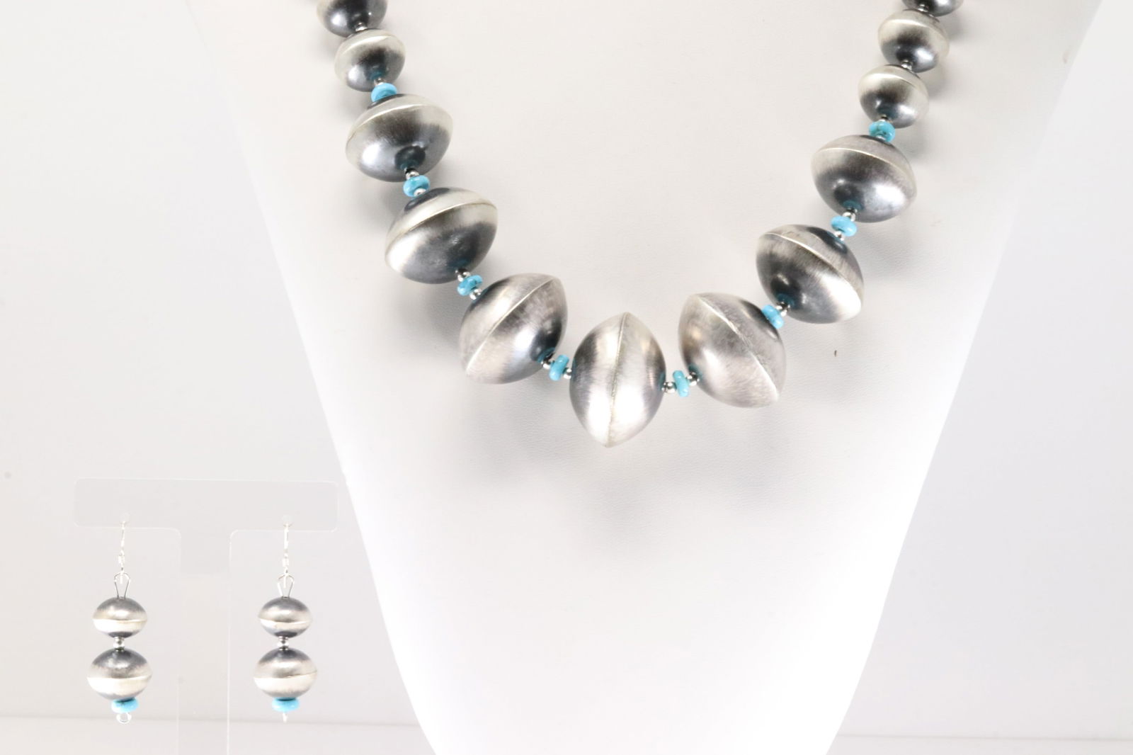 Native America Navajo Sterling Silver Turquoise / Pearl Beaded Necklace & Earring's Set By S. (1 of 5)