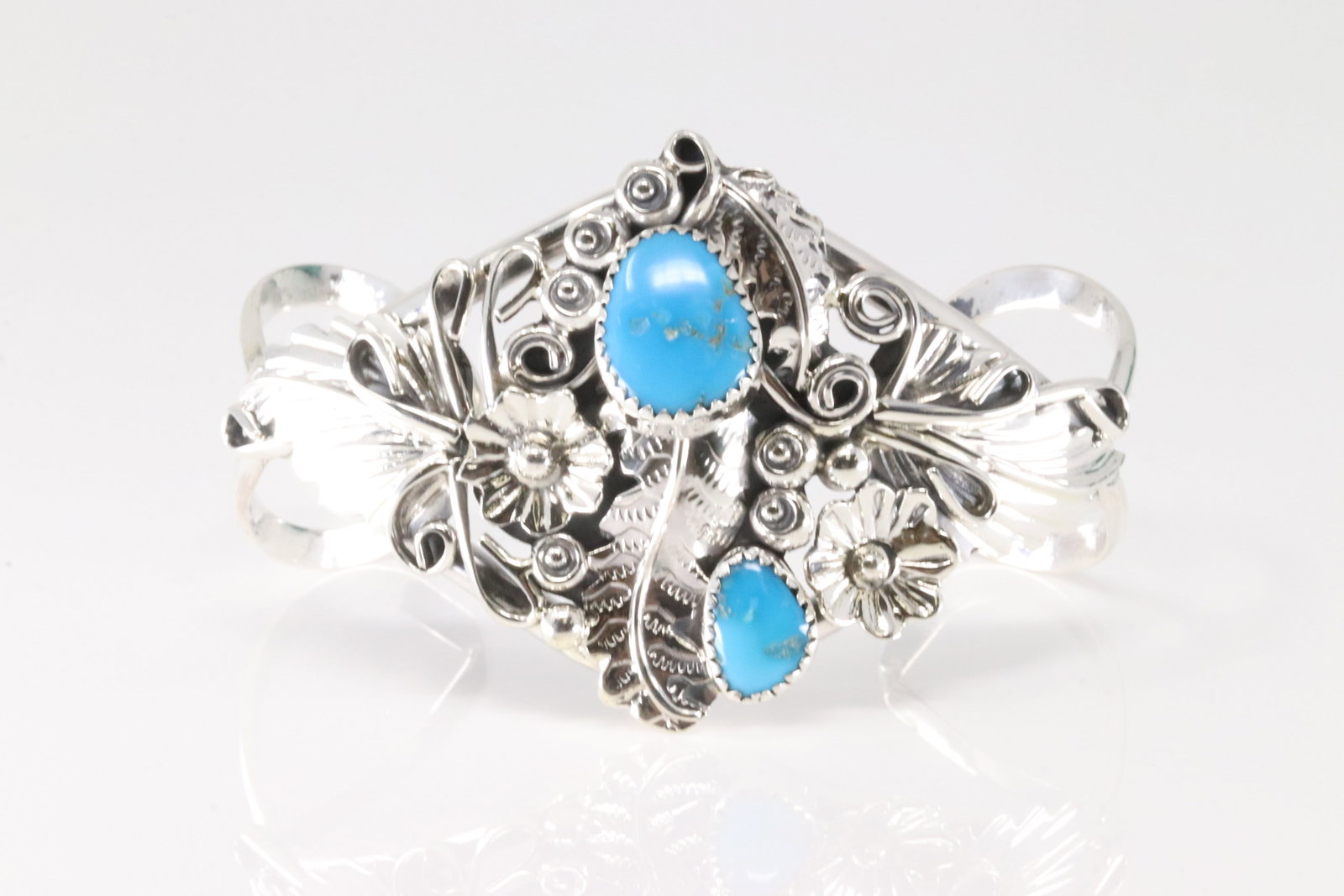 Native America Navajo Sterling Silver Turquoise Bracelet Floral By Harry B.Yazzie.: This is a Native America Navajo Sterling Silver Turquoise Bracelet Floral By Harry B.Yazzie.