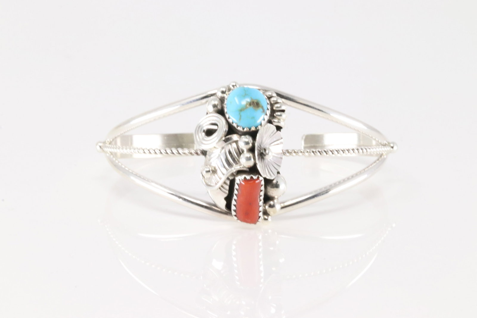 Native America Navajo Sterling Silver Coral & Turquoise Bracelet Cuff By Max Calladitto.: This is a Native America Navajo Sterling Silver Coral & Turquoise Bracelet Cuff By Max Calladitto.