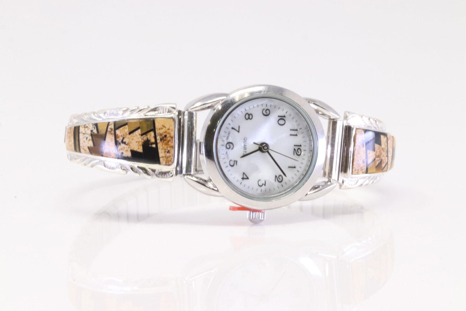 Native America Navajo Sterling Silver Ladies Multi-Color Stone Inlay Watch Streatch Band. (1 of 4)