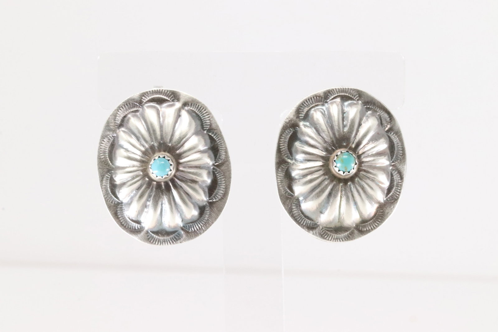Native America Navajo Sterling Silver Turquoise Conch Post Earring's By Joan & Ryan Begay.: This is a Native America Navajo Sterling Silver Turquoise Conch Post Earring's By Joan & Ryan Begay.