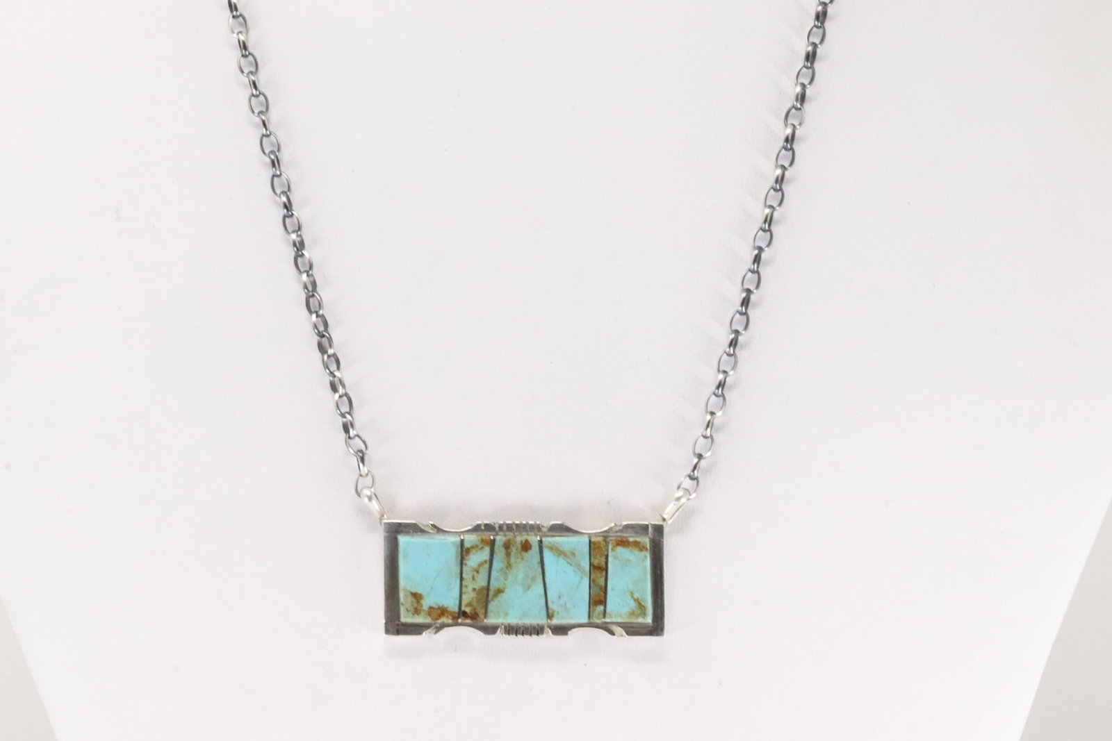Native America Navajo Sterling Silver Kingman Turquoise Inlay Necklace By Steve Francisco.: This is a Native America Navajo Sterling Silver Kingman Turquoise Inlay Necklace By Steve Francisco. Necklace length: 16.00"
