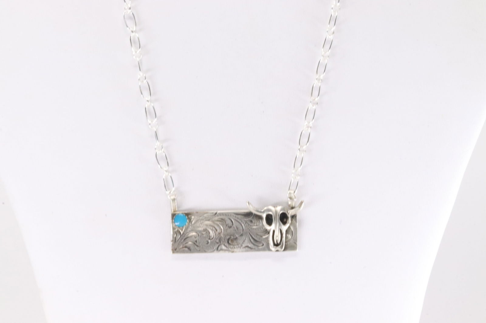 Native America Navajo Sterling Silver Turquoise Cow Skull Necklace By Annette Martinez. (1 of 4)