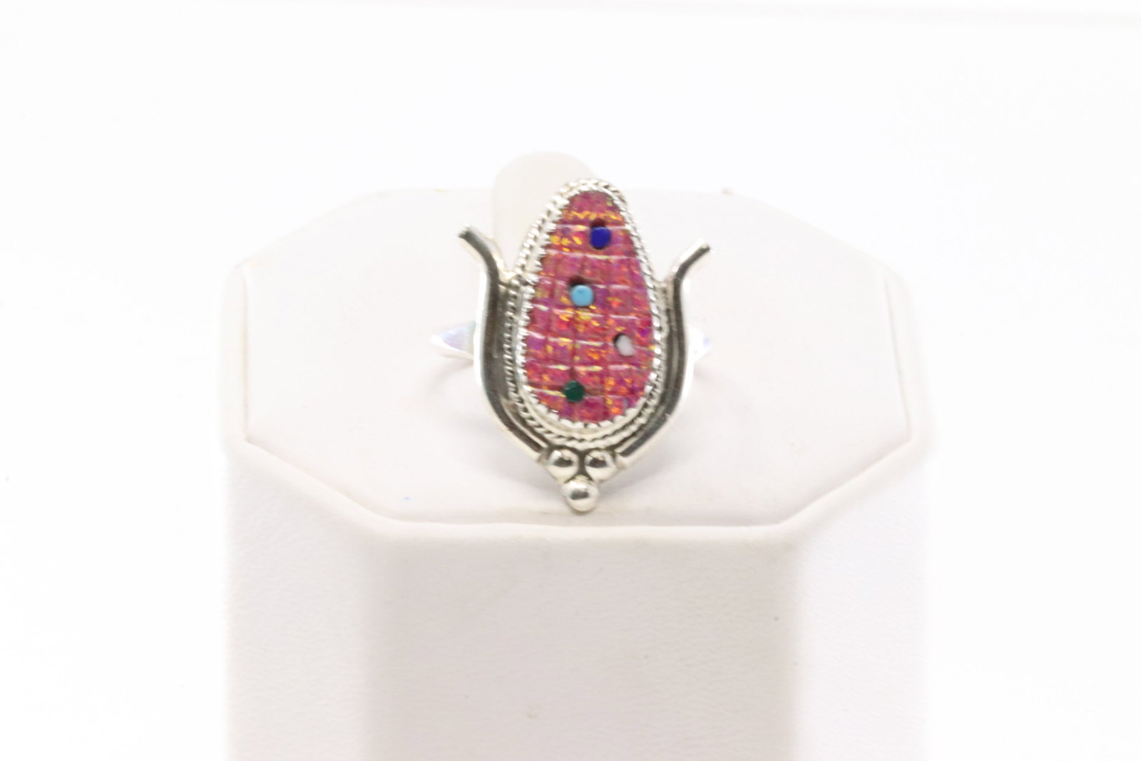 Native America Zuni Sterling Silver Pink Opal & Multi-Color Corn Ring By K.Etsate.: This is a Native America Zuni Sterling Silver Pink Opal & Multi-Color Corn Ring By K.Etsate. Ring size: 9.00.