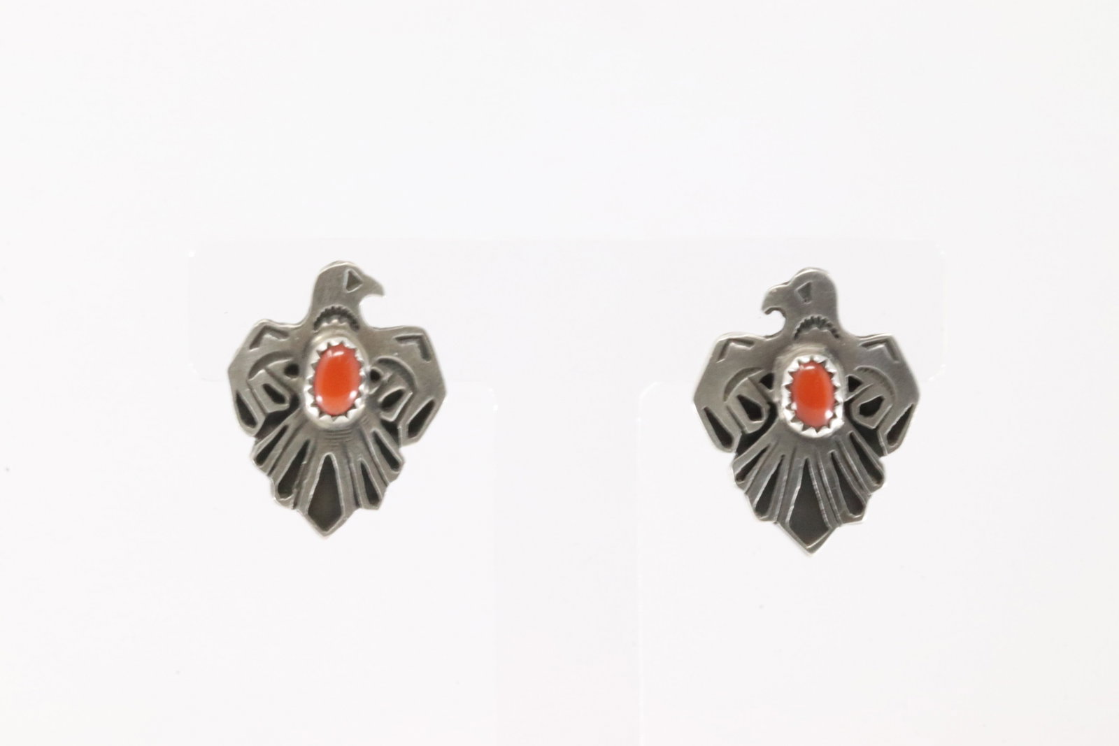 Native America Navajo Sterling Silver Coral Thunderbird Post Earring's By Paige Gordon.: This is a Native America Navajo Sterling Silver Coral Thunderbird Post Earring's By Paige Gordon.