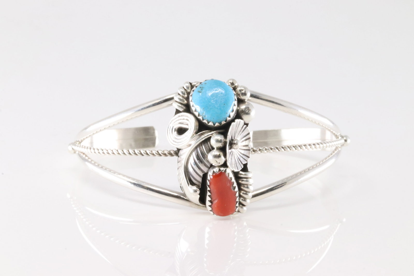 Native American Navajo Sterling Silver Coral & Turquoise Bracelet Cuff By Max Calladitto.: This is a Native American Navajo Sterling Silver Coral & Turquoise Bracelet Cuff By Max Calladitto.