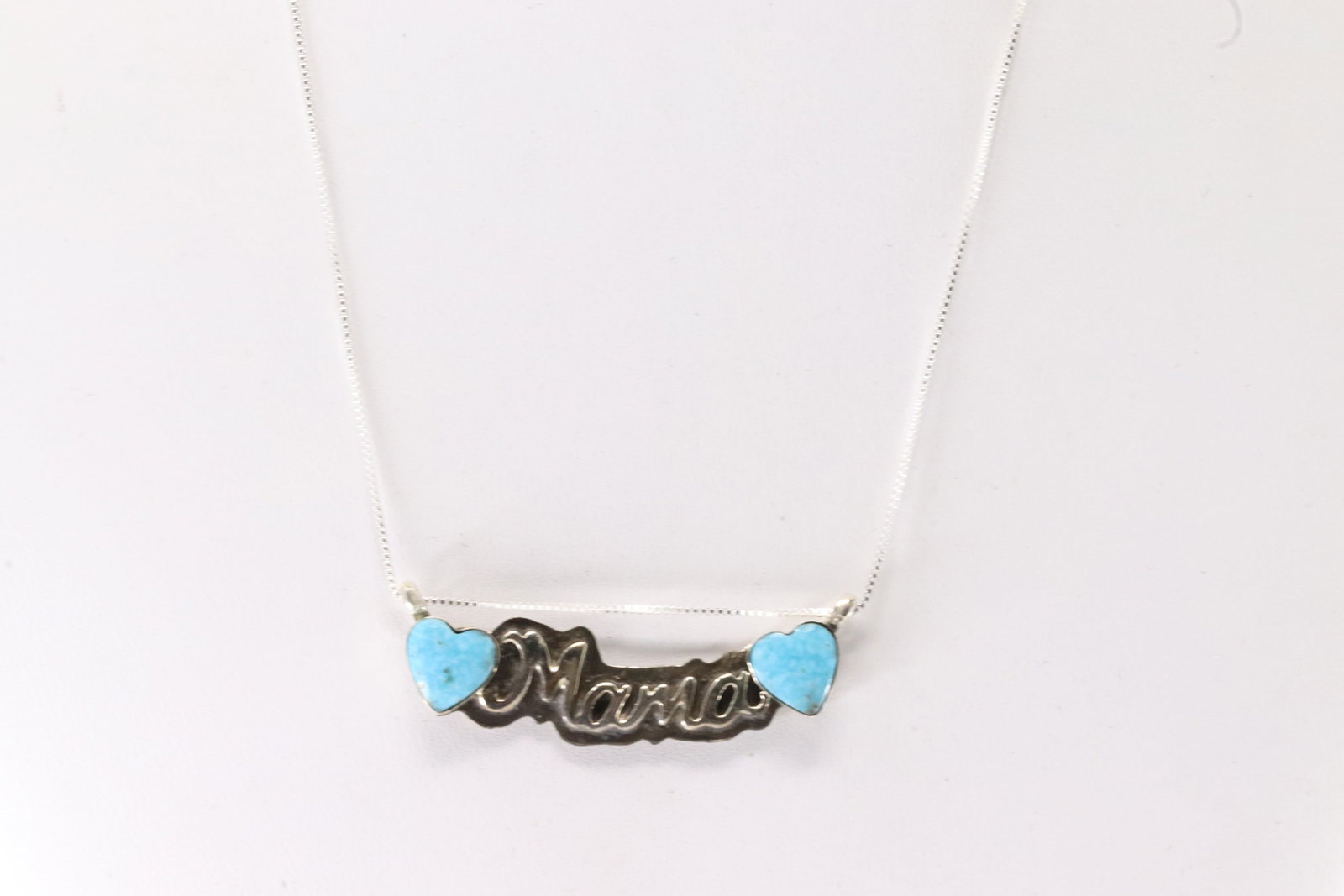 Native America Navajo Sterling Silver Turquoise Heart & Word Mama Necklace By Myra Benally.: This is a Native America Navajo Sterling Silver Turquoise Heart & Word Mama Necklace By Myra Benally. Necklace length: 18.00"