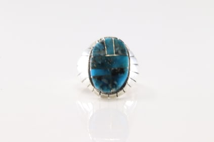 Native America Navajo Sterling Silver Turquoise Inlay Ring By R.