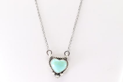 Native America Navajo Sterling Silver Kingman Turquoise Heart Necklace By Donovan Skeets.