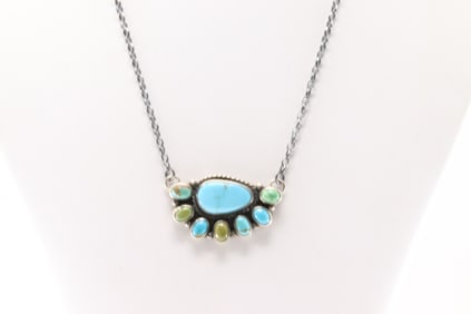 Native America Navajo Sterling Silver Kingman Turquoise Necklace By Geraldine James.