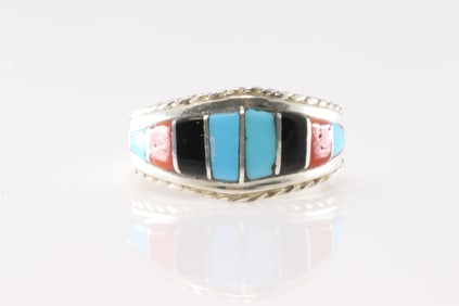 Native America Zuni Sterling Silver Multi-Color Stone Inlay Ring By M.P.